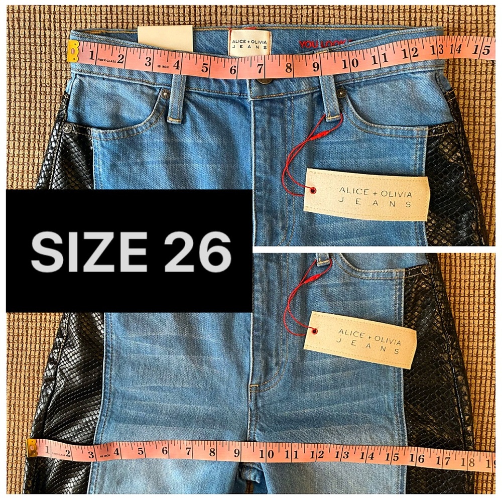 🏷 🆕 Alice + Olivia High Rise Vegan Leather Denim Jean Combo Max Wide Leg Pant - Picture 10 of 17